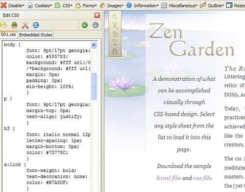 Web Developer CSS Edit CSS Sidebar View