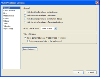 Web Developer Options dialog box