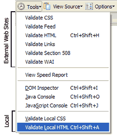 Web Developer Tools Validation Menu