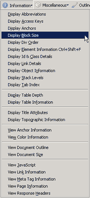 Web Developer Toolbar - Info Display Block Size Menu